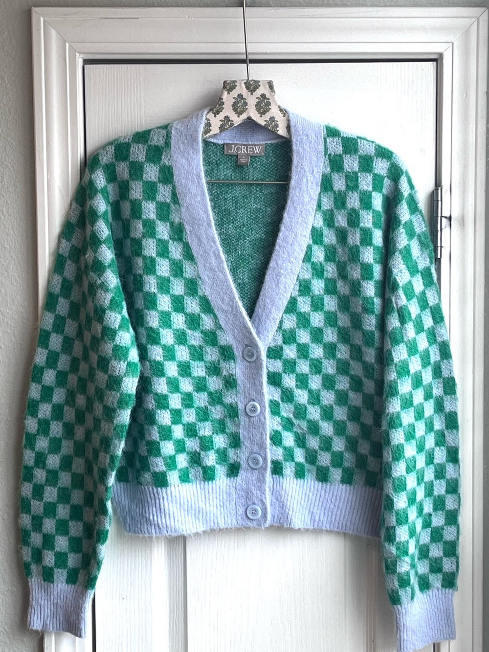 J.Crew Alpaca Wool Blend Checkerboard Cardigan Green Blue Check Sweater Size S